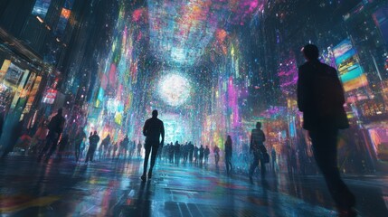 people bursting through the dimension into a vibrant ai-created world