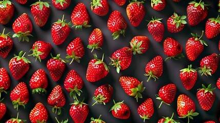 Wall Mural - Top View of Juicy Red Strawberries. Pattern of Fresh Fruits with Green Stems on Dark Background. Generative AI