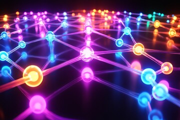 Poster - Colorful network of glowing nodes and connections representing data and technology in a digital space. Generative AI