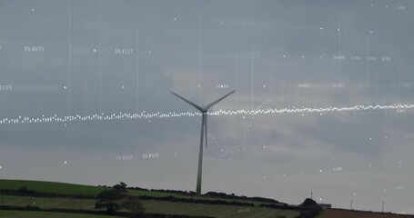 Poster - Wind turbine on green hills with data processing animation over cloudy sky