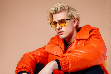 Canvas Print - A man in an orange jacket is wearing yellow sunglasses