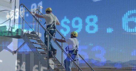 Poster - Climbing industrial stairs, workers with safety gear over financial data animation