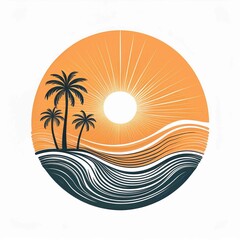 wave logo with palm tree and sun minimalist continuous line style