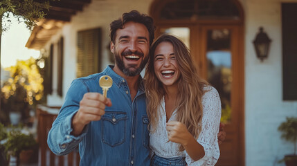 a joyful western young couple standing at the entrance of their house, both showing a key with excit