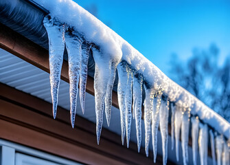 Canvas Print - Sharp icicles cling to roof gutter, weighted by snow, posing risk of falling ice, snow, and frozen formations from rooftop, as melting begins on residential building.