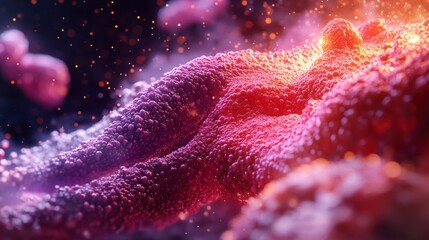 Poster - A vibrant microscopic landscape reveals intricate cell structures combined with colorful textures and glowing elements, portraying a captivating scientific phenomenon