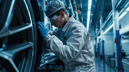 Wall Mural - A man in a white lab coat is working on a car tire