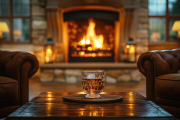 Canvas Print - Fireplace with the table with glass of drink on it behind