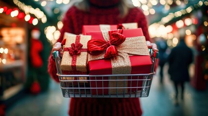 Wall Mural - A cheerful person enjoys the holiday spirit, cradling colorful gifts in a basket among vibrant decorations and joyful holiday shoppers