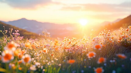 Golden sunlight bathes a field of wildflowers, creating a picturesque setting as the day transitions into night amidst the mountains