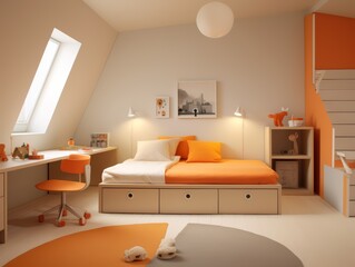 A modern bedroom with an orange bed and a desk with an orange chair, a picture on the wall, and two white lamps.