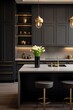 © hamzahalderad - A modern kitchen with a black island, marble countertop, and two gold bar stools. There are golden pendant lights hanging over the island.