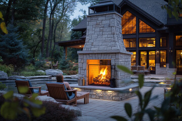 Wall Mural - Outdoor fireplace with people sitting behind during summer eveneng