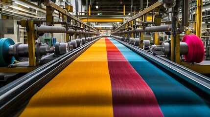 Wall Mural - A conveyor belt in a textile factory, moving rolls of fabric through a dyeing process.