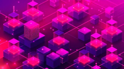 Canvas Print - Purple and pink abstract background featuring geometric shapes of squares and cubes, Visualize the process of transaction validation in a decentralized system