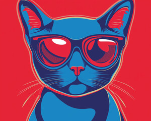 cool cat with sunglasses. clean illustration in red and blue.