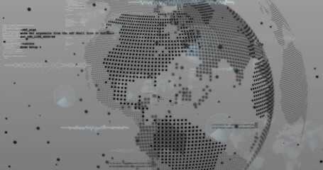 Poster - World map with data points and coding animation over gray background