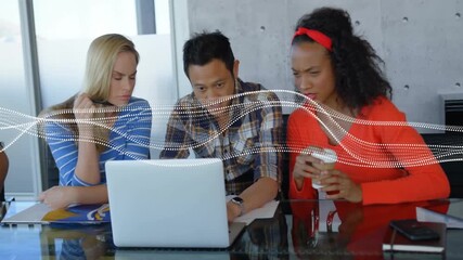 Poster - Data wave animation over diverse colleagues collaborating on laptop in office