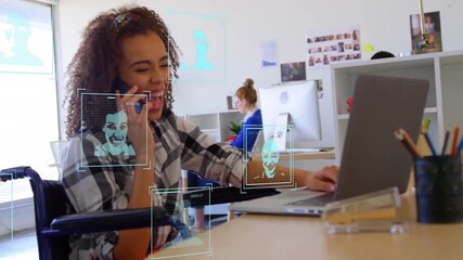 Poster - Talking on smartphone and using laptop in office, woman with facial recognition animation