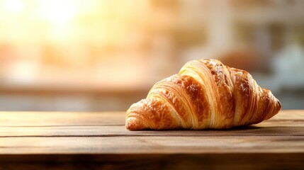 A golden-brown croissant is placed on a wooden surface, basking in the warm glow of morning light, inviting warmth and comfort