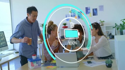 Poster - Battery charging animation over diverse group of people working in office
