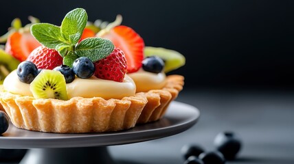 A close-up of a platter with assorted fruit tarts, showcasing vibrant fruit and creamy custard filling, arranged elegantly.