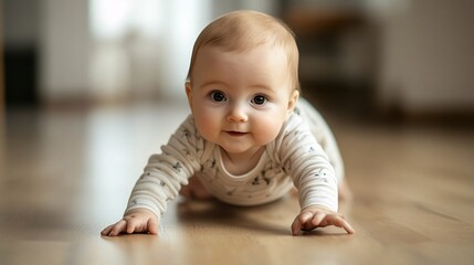 Adorable baby is crawling on the floor and learning to walk