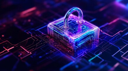 Poster - Futuristic transparent padlock on a digital circuit. Represents data security, technology, and cyber protection.