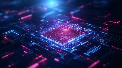 Poster - Stylish neon circuit board design with vibrant colors showcasing a modern computer chip technology.