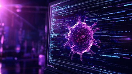 A digital representation of a virus interacting with computer code, showcasing technology's role in understanding pathogens.