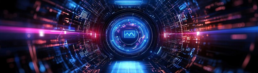 Poster - A futuristic corridor featuring vibrant blue and pink lights, creating a mesmerizing sci-fi atmosphere.