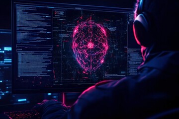 Poster - A futuristic digital concept featuring a person analyzing a neon-lit artificial intelligence face on a computer screen.