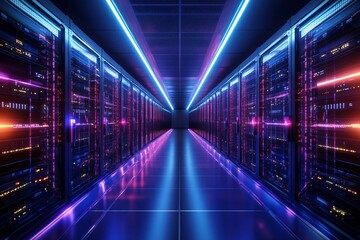 Poster - A futuristic data center illuminated by vibrant neon lights, showcasing server racks and advanced technology.