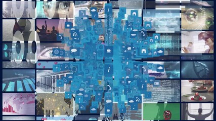 Poster - Animating digital communication icons over diverse multimedia images