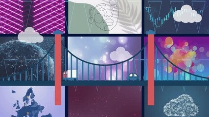Poster - Bridge with cars animation over various abstract and geographical illustrations