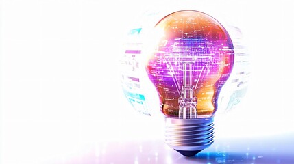 Poster - A glowing light bulb with vibrant holographic patterns, symbolizing innovation and technology in a bright, modern setting.