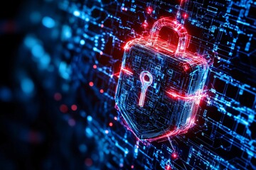 Poster - A modern digital lock icon glows amidst a futuristic data network, symbolizing security and cyber protection.