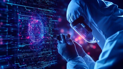 Poster - A scientist in protective gear analyzes complex data visualizations, showcasing the fusion of technology and innovation.