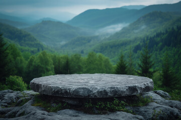 Sticker - Stone podium on a rock platform. Grey rock pedestal for a product display stand. Green forest and blurred natural scenery landscape in the background.