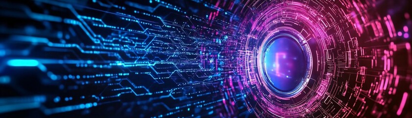 Poster - A vibrant digital tunnel showcasing a blend of neon lights and futuristic patterns, symbolizing technology and innovation.