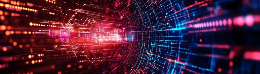 Poster - A vibrant digital tunnel with beams of light revealing a dynamic flow of data in red and blue hues.