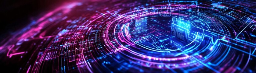 Poster - A vibrant futuristic design showcasing glowing lines and circles in blue and pink hues, representing technology and data visualization.