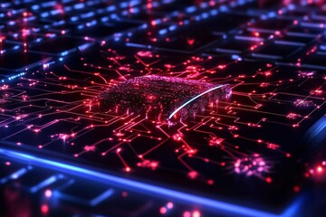 Poster - Close-up view of a glowing circuit board on a keyboard, showcasing vibrant colors and intricate patterns of technology.