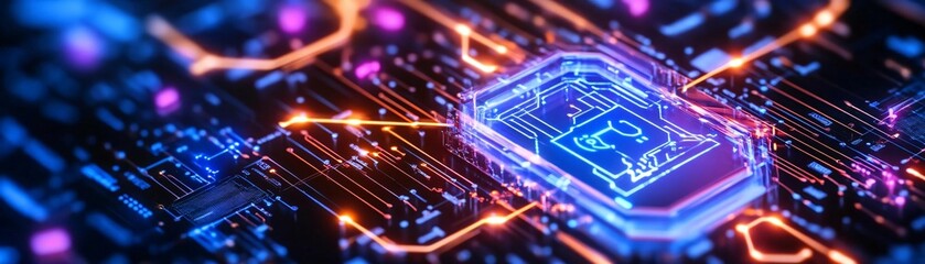 Poster - Close-up of a vibrant circuit board with a glowing processor, showcasing advanced technology and intricate design.