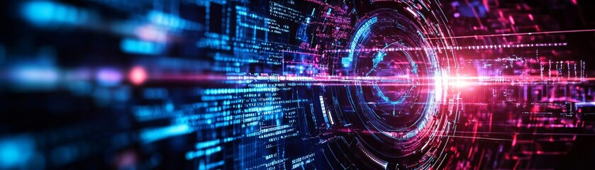 Poster - Futuristic digital background with vibrant colorful lights, representing advanced technology and innovation in a modern environment.