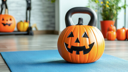 Wall Mural - Halloween pumpkin kettlebell on yoga mat gym background for Halloween, fitness, gym, workout concept, copy space