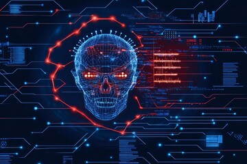 Poster - Futuristic digital skull on a circuit background, symbolizing technology and artificial intelligence in a modern aesthetic.