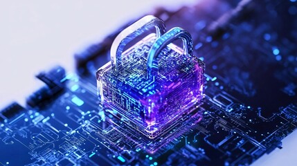 Poster - Futuristic digital padlock on a circuit board, representing advanced cybersecurity and data protection in technology.
