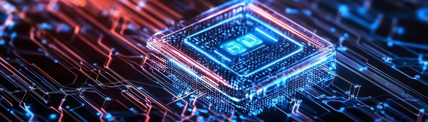 Poster - Futuristic microchip glowing on a circuit board, symbolizing advanced technology and digital innovation in computing.