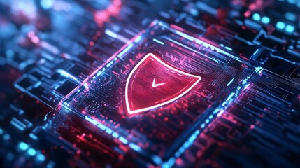 Poster - Futuristic digital shield symbol glowing on a circuit board background, representing cybersecurity and data protection concepts.